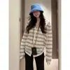 Chenling [tela original] talla extra grande, cárdigan de punto con capucha y rayas de manga larga para mujer, chaqueta fina casual de otoño
