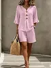 Nuevo conjunto de top casual de algodón para mujer con botones, cuello en V y volantes en las mangas tres cuartos, y shorts, para comercio exterior transfronterizo europeo y americano
