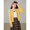 Cardigan de malha com design francês, amigável à pele, jaqueta curta feminina, suéter, gola de novo estilo, mangas compridas, peça de cima para usar por fora