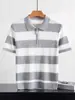Camisa Polo Rayada 100% Lyocell Tencel Media Cremallera Tejida Manga Corta Top Casual para Hombre Verano Cuello Camisero Camiseta