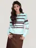 Suéter de Tricô Color Block Listrado Azul Fashionável Suave de Manga Longa para Mulheres 2026 Outono e Inverno Suéter de Gola Redonda Top Camada Interna