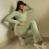Traje de Fitness Transfronterizo Europeo y Americano para Mujer Chaqueta con Cordón Puño Acampanado Cintura Alta Control de Abdomen Adelgazante Yoga Pantalones Acampanados