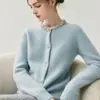 Escote con pedrería~Cárdigan de cachemira de estilo de lujo ligero para mujer, cuello redondo, abrigo suéter grueso, cárdigan de punto, prenda de abrigo