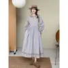 20206 Ropa de Primavera, Vestido Largo Bordado de Estilo Artístico con Mangas Largas, Cuello Peter Pan Cintura con Cordón Vestido Largo Adelgazante para Mujer