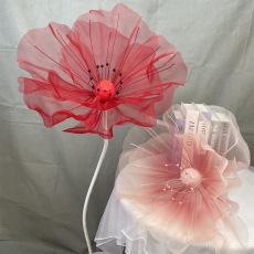 Simulação de tela de seda flor papoula janela exibição grande flor decoração de casamento tiro adereços haste de flor de três peças base de madeira