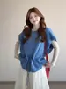 Super valoriza! Suéter azul de manga curta para mulheres, colete de tricô combinado com base de malha floral, sobreposição estilo coreano