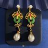 Brincos Estilo Palácio Retrô, Anéis de Jade Verde e Pérolas, Exquisitos e Deslumbrantes, Volume Atacado, Adequado para Lojas de Joias Antigas, Estilo Chinês