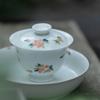 Cuenco Cubierto Ercai Tallado en Barro de Jade Pintado a Mano con Flores Pequeñas de Pie Alto Set de Té Kung Fu No Caliente Cuenco de Té de Cuerpo Delgado Color Bajo Esmalte