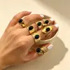 Anillo Abierto de Acero de Titanio Imitación Ágata Negra Retro Chapado en Oro de 18K, Resistente al Color, Sensación de Alta Gama, Joyería de Acero Inoxidable para Manos al por Mayor