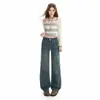 Jeans Retro Azul Stretch de Cintura Alta Wide-Leg para Mulheres, Novas Calças Retas Slim-Fit com Efeito Drapeado
