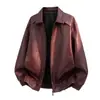 Chaqueta de vuelo roja de estilo americano de moda, abrigo de cuero para hombre, elegante y genial, con cuello de solapa