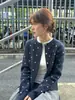 Estilo Coreano Atmósfera de Principios de Otoño Cardigan de Punto Retro de Lunares Azul Marino Chaqueta de Punto Top Adelgazante