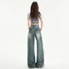 En stock, sin pretina, nuevo de la primavera 2026, jeans de pierna ancha retro americano para mujer, corte holgado, adelgazantes, pantalones rectos con borde crudo