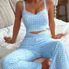 Conjunto de Pijama com Top de Manga Longa e Calça Flare Embelezado com Laço de Xadrez Retro e Renda - Comércio Exterior Transfronteiriço