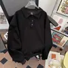 Moletom Cinza com Gola 2025 Nova Primavera e Outono Solto e Versátil Casual Camisa Polo Pulôver Top Simples Manga Longa