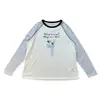 Camiseta de Algodón con Patrón Divertido de Copos de Nieve en Rayas Azules y Blancas, Corte Holgado, Bloques de Color, Cuello Redondo, Mangas Largas Raglán H051609