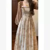 Vestido Floral Patchwork de Manga Abullonada Falso Dos Piezas para Mujer Tallas Grandes Estilo Corte Vintage Bloqueo de Color Atado Vestido Largo