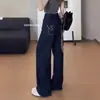 Jeans Retro Azul Oscuro de Alta Gama Pantalones Rectos para Mujer Otoño Cintura Alta Sueltos Casuales Pantalones de Pierna Ancha Pantalones Largos