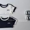 Camiseta de Verano de Manga Corta para Niña Bebé Elegante Personalidad Infantil Tendencia Chaleco de Rayas Color Block con Bordado de Moño Tirantes