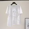 Camisa Irregular para Mujer Top de Manga Corta Verano 2024 Camiseta de Cuello Redondo Costura Holgada Forma de A Cordón Cintura Ajustada Camisa