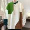 Suéter de punto con diseño patchwork para hombre, otoño e invierno, suéter de moda estilo americano con bloques de color, talla grande, chaqueta suéter cómoda de cuello redondo