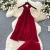 Traje de Vacaciones Puro Deseo para Mujer, Atmosphere, Tirante Halter, Top Irregular Plisado, Pantalones Anchos de Cintura Alta, Traje Casual