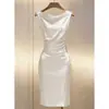 Vestido de Verano Nuevo Transfronterizo Europeo y Americano para Mujer, Elegante Francés, Moderno, de Satén, sin Mangas, Adelgazante, de Largo Medio