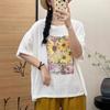 2025 Novo Estilo de Verão Solto Tamanho Grande para Gordinhas Casual Camiseta Pulôver Manga Curta Gola Redonda Dupla Camada Fio de Algodão Estampada