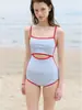 Traje de baño de una pieza negro sin tirantes de cintura alta estilo Ins coreano para estudiantes, conservador y adelgazante, cubre el abdomen