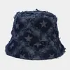 Sombrero de Pescador de Mezclilla con Borde Crudo en Forma de Estrella para Mujer, Sombrero de Cubo de Diseño de Nicho Azul, Circunferencia de Cabeza Grande, Sombrero de Cubo de Moda para Adelgazar el Rostro