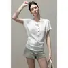 En StockCamiseta Blanca Francesa de Cuello Henley Hombro Normal Cintura Ajustada Manga Corta para Mujer 2026 Verano Top Holgado Adelgazante
