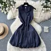Vestido de burbuja sin mangas con cuello tipo polo de estilo coreano para mujer, elegante vestido corto abombado de línea A con cinturón de lazo para ceñir la cintura, para ir al trabajo en verano