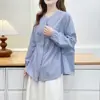 EspecialNuevo Otoño Talla Grande Vintage Versátil Cintura con Cordón Camisa Rayada de Manga Larga 100kg Camisa0714