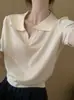 Polo gris de hombros rectos estilo coreano para mujer, camiseta de punto de seda helada de manga corta, top de verano corto con cuello camisero para mujeres petite