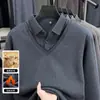 Roupas Masculinas de Outono e Inverno Forradas com Lã Espessadas Gola Lapela Contendo Lã Falso Duas Peças Camiseta para Homens de Meia-Idade e Idosos Suéter para Pai Camiseta Segunda Pele para Homens