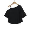 Estilo Perezoso Sexy Suelto Hombro Descubierto Curvado Manga Corta Camiseta para Mujer, Sexy Cuello V Hombro Descubierto Casual Blusa Top