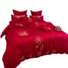 Juego de Cama de Boda Centenario de Cuatro Piezas Algodón Puro Habitación de Boda Sábanas de Cama de Boda Funda de Edredón Rojo Grande Ropa de Cama para Recién Casados