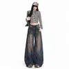 Jeans de Pierna Ancha Lavados Desgastados Estilo Retro Americano para Mujer Rectos Holgados con Caída Hasta el Suelo Pantalones Largos Azules Yi Chun
