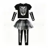 Conjunto de Falda de Malla de Manga Corta con Estampado de Esqueleto de Halloween para Niñas, Atuendo de Festival para Niños con Medias y Mangas para Brazos, Juego de Cuatro Piezas