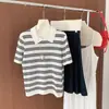 Camiseta de punto de algodón puro de moda para mujer, estilo verano nuevo, con cuello polo, manga corta y rayas