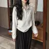 Camisa de manga comprida com gola polo listrada, estilo coreano, solta, meio aberta, para mulheres, outono, com bolso, camisa de puxar, top solto 2699
