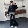 Conjunto de Moletom e Calça Flare para Meninas Outono 2026 Novo Estilo para Crianças Médias e Grandes Conjunto Elegante de Duas Peças com Xadrez e Calça Flare Micro com Babado