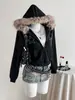 2026 Jaqueta com Capuz Gola de Pelo Estrela de Strass Zíper Cintura Marcada Emagrecedora Menina Hot Americana Y2K Street Punk