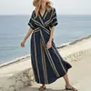 2026 Moda de Verano Nueva Transfronteriza Europea y Americana para Mujer Estilo Playa Resort Vestido de Rayas Acampanado de Manga Corta con Cuello en V
