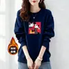 Moletom grosso de algodão estilo coreano com gola redonda e forro de fleece para mulheres, adequado para primavera, outono e inverno, casual, moderno, versátil e adequado para o dia a dia, blusa de manga longa