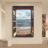 Pintura Decorativa Moderna Simples de Janela Falsa com Paisagem Marinha Pintura de Chão para Parede de Fundo de Sofá Extensão de Espaço Pintura para Pendurar no Quarto