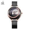 2025 Nuevo Modelo Shengke Reloj de Mujer con Pedrería Reloj Dorado Rosa con Esfera Radiante Correa de Malla Correa de Cuero Reloj de Mujer K0088