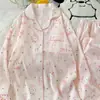 XinXuanNew Pijama de Mujer Dibujos Animados Lindo Femenino Solapa Gato Rosa Manga Larga Pantalón Largo Casual Ropa de Casa