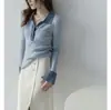 Ropa de Trabajo de Principios de Otoño Elegante Cuello Polo Tejido de Lana Puños de Mujer Diseño de Color Contrastante Suéter de Punto de Alta Gama
