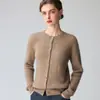 Cardigã feminino de cashmere com gola redonda, trança, mangas compridas, cor sólida, caimento justo, jaqueta de abotoamento simples para outono e inverno
